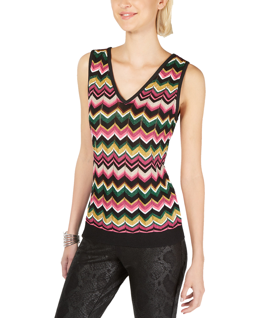 INC International Concepts Women Petite Chevron Knit Top Fiesta Fuchsia