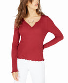 Hippie Rose Women Waffle Knit Lettuce Edge Top Autumn Ruby