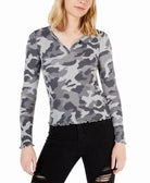 Hippie Rose Women Waffle Knit Lettuce Edge Top Grey Camo
