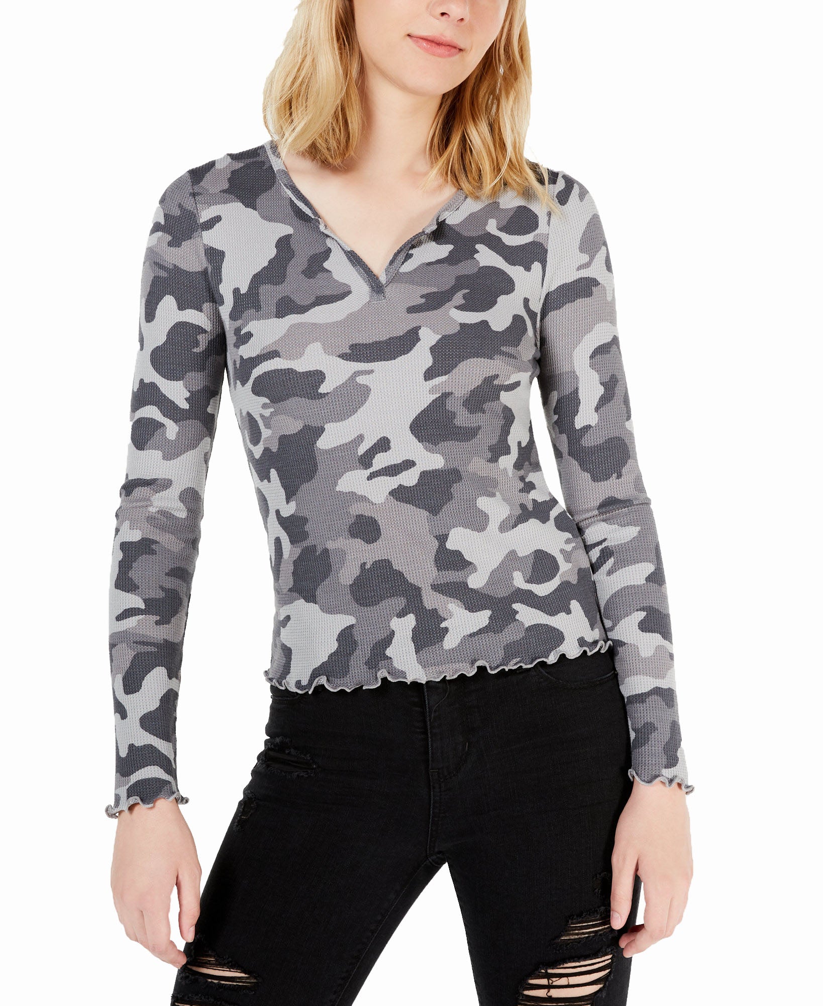 Hippie Rose Women Waffle Knit Lettuce Edge Top Grey Camo