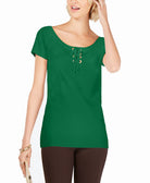 INC International Concepts Women Petite Lace Up Scoop Neck Top Dark Emerald