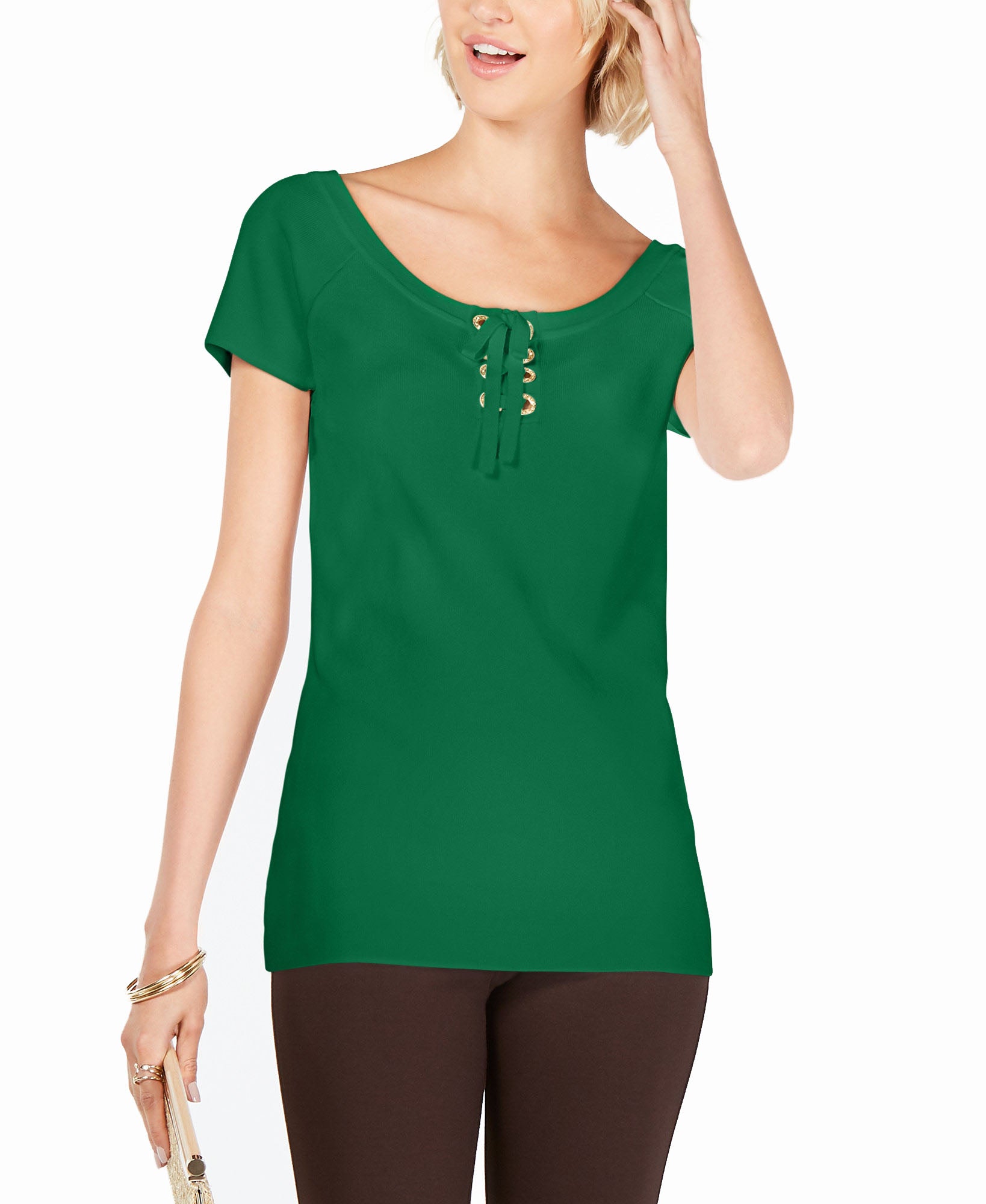 INC International Concepts Women Petite Lace Up Scoop Neck Top Dark Emerald
