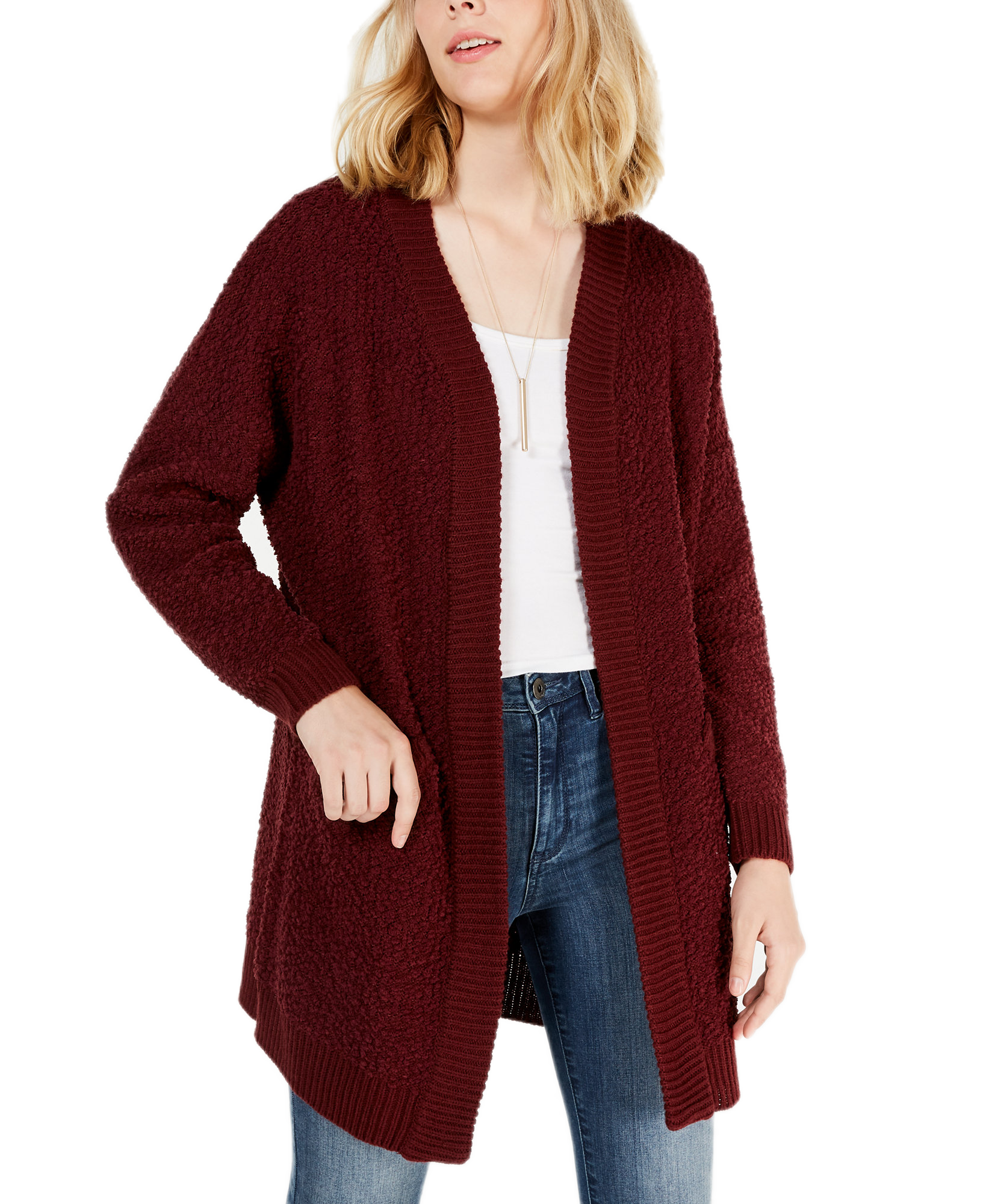 Say What Women Open Front Textured Cardigan Tawny Port