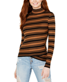 Say What Women Striped Crossover Hem Mock Neck Sweater Tobacco Black Stripe