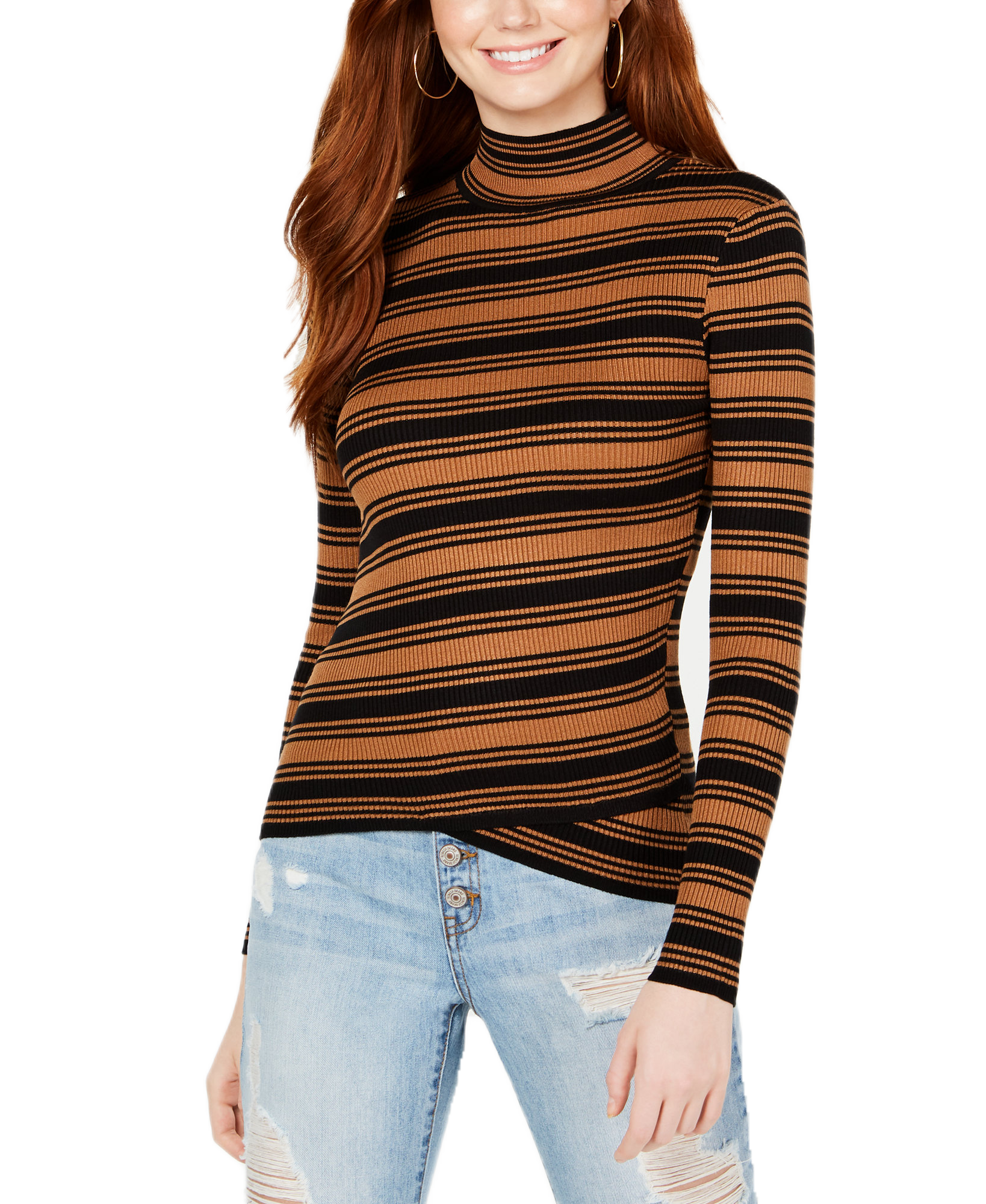 Say What Women Striped Crossover Hem Mock Neck Sweater Tobacco Black Stripe