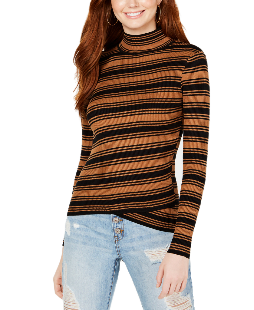 Say What Women Striped Crossover Hem Mock Neck Sweater Tobacco Black Stripe