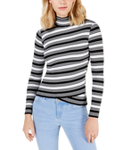 Say What Women Striped Crossover Hem Mock Neck Sweater White Black Stripe