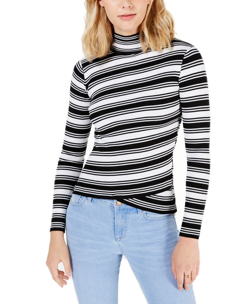 Say What Women Striped Crossover Hem Mock Neck Sweater White Black Stripe