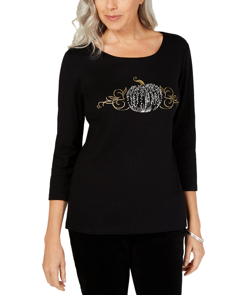 Karen Scott Women 3 4 Sleeve Embellished Cotton Top Deep Black