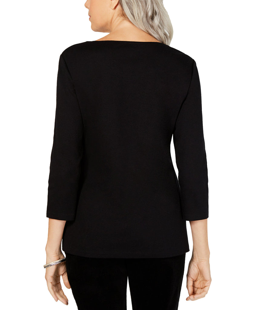 Karen Scott Women 3 4 Sleeve Embellished Cotton Top