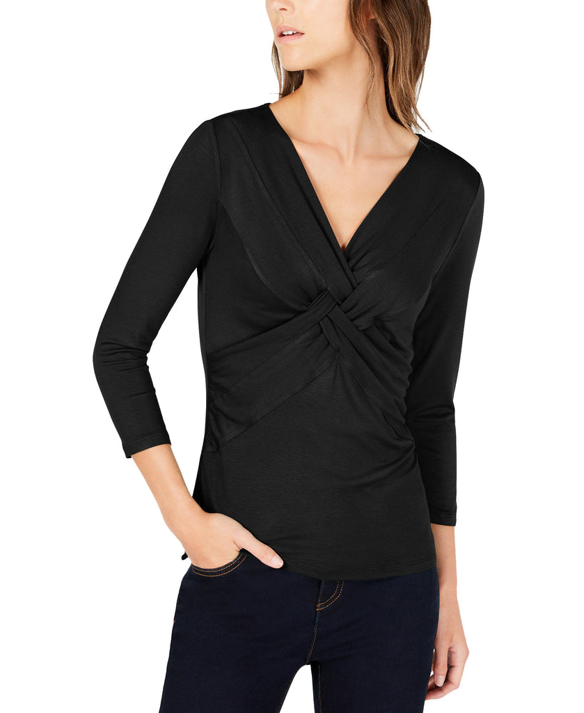 INC International Concepts Women Petite Twist Front 3 4 Sleeve Top Deep Black