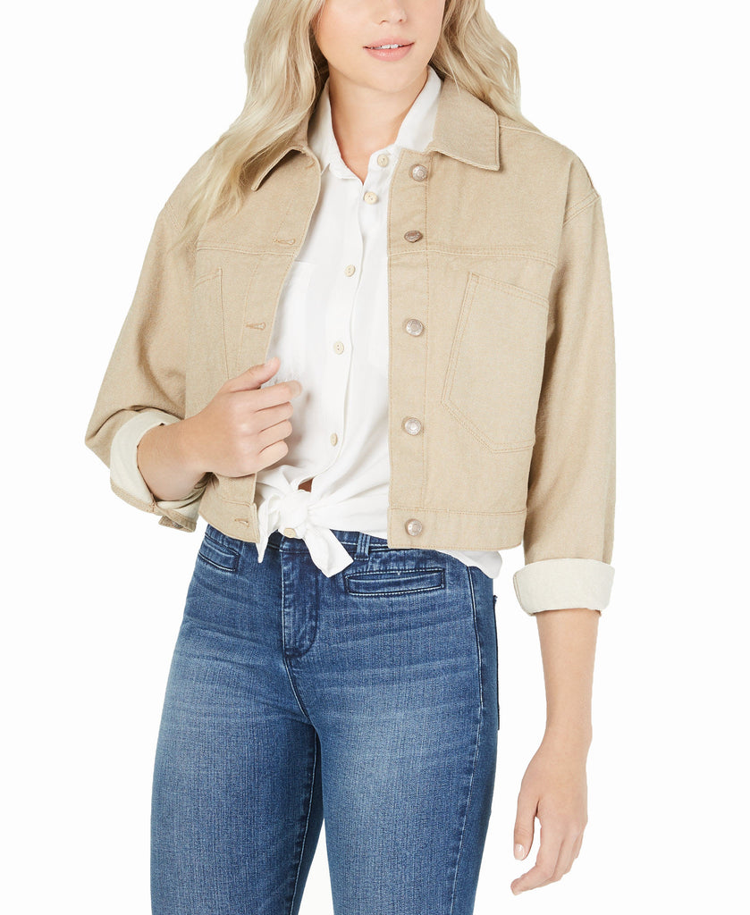 OAT Women Cotton Cropped Button Front Jacket Tan