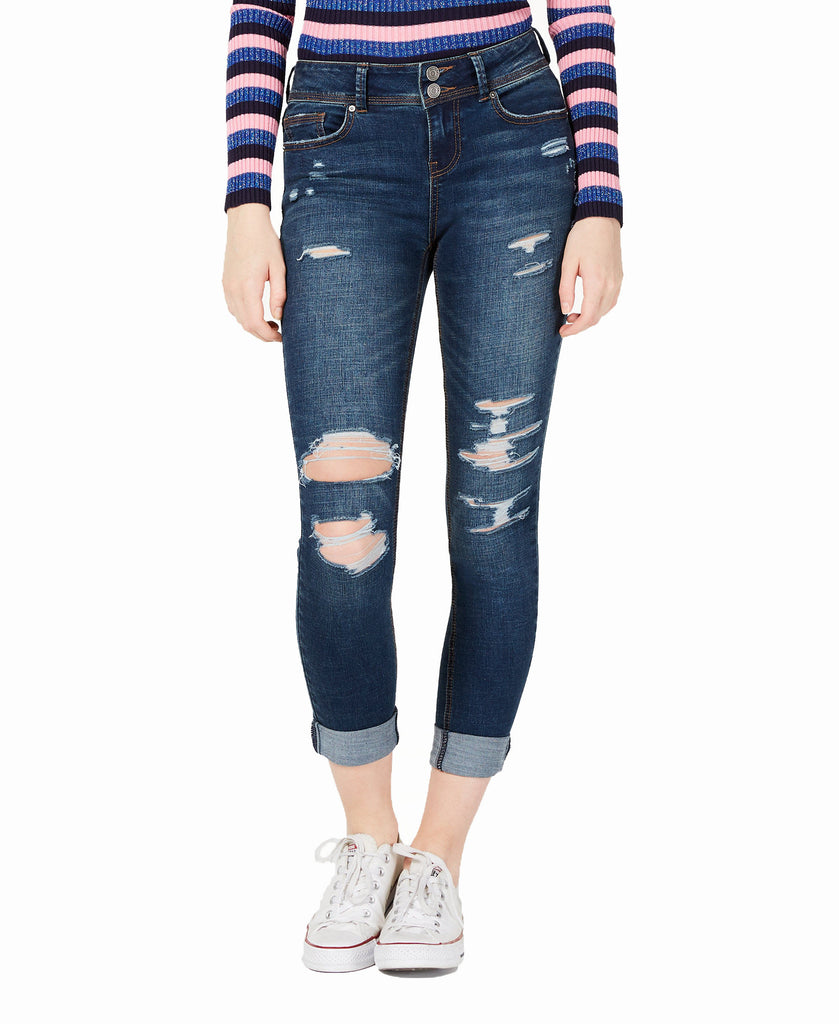 Indigo Rein Women Ripped Cuffed Skinny Jeans Dark Blue