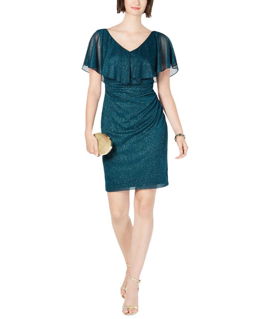 Connected Women Petite Metallic Glitter Popover Dress Hunter Green