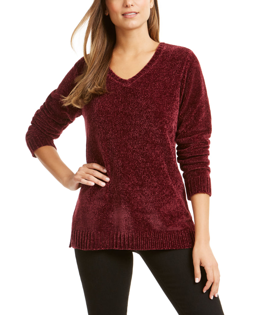 Karen Scott Women V Neck Chenille Sweater Merlot