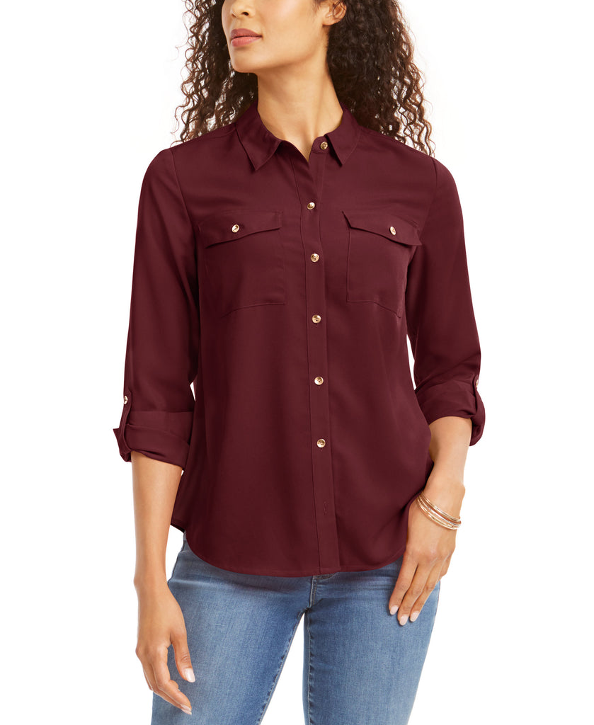 Charter Club Women Petite Solid Button Up Shirt Carriage Red