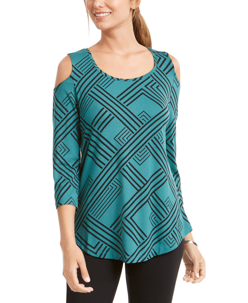 JM Collection Women 3 4 Sleeve Cold Shoulder Top Green Graphic Basket