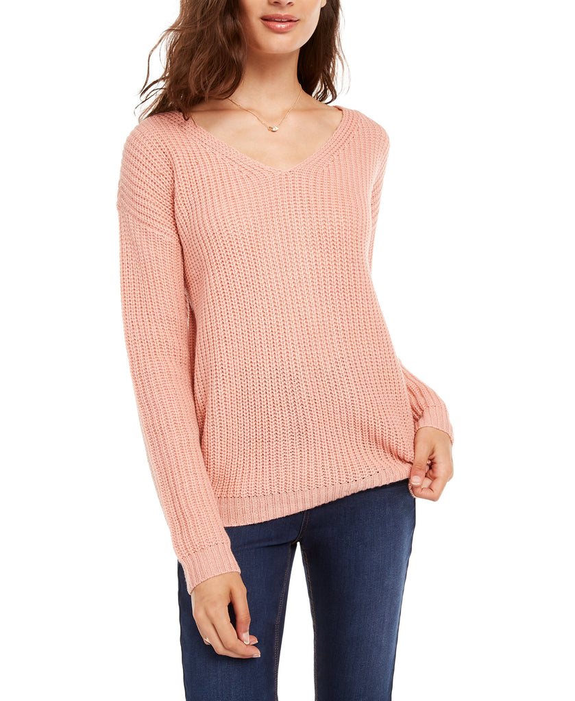 Ultra Flirt Women Lace Up Back Sweater Peach Beige