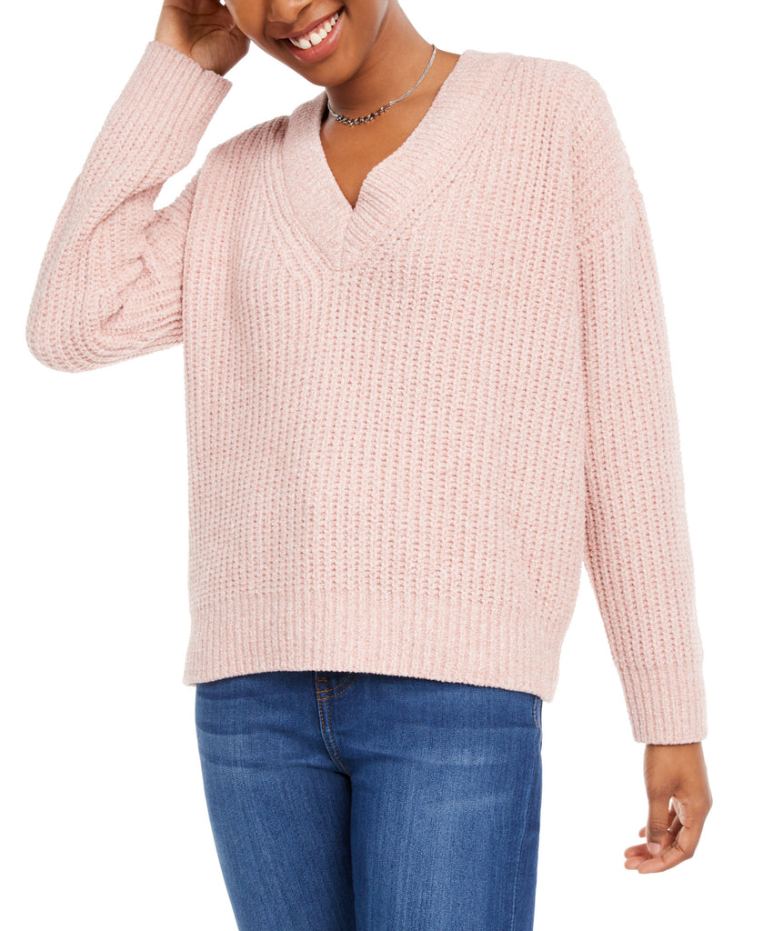 Hippie Rose Women V Neck Chenille Sweater Dusty Rose Marl