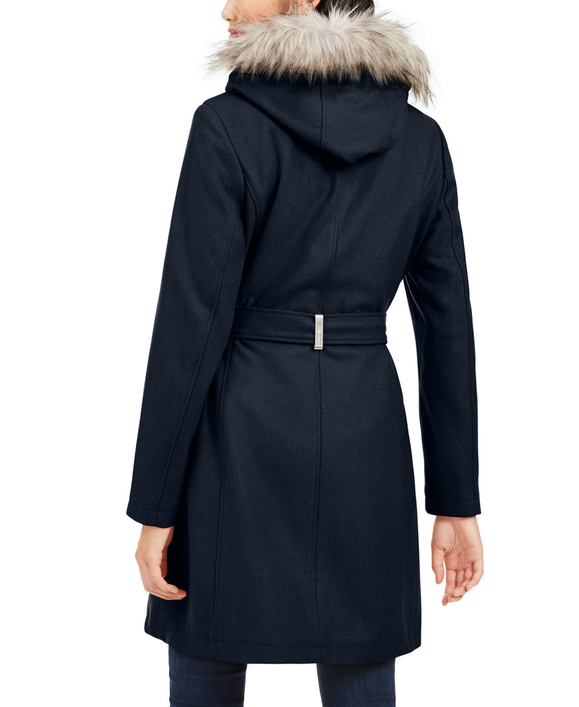 Tommy Hilfiger Women Belted Faux Fur Trim Hooded Coat