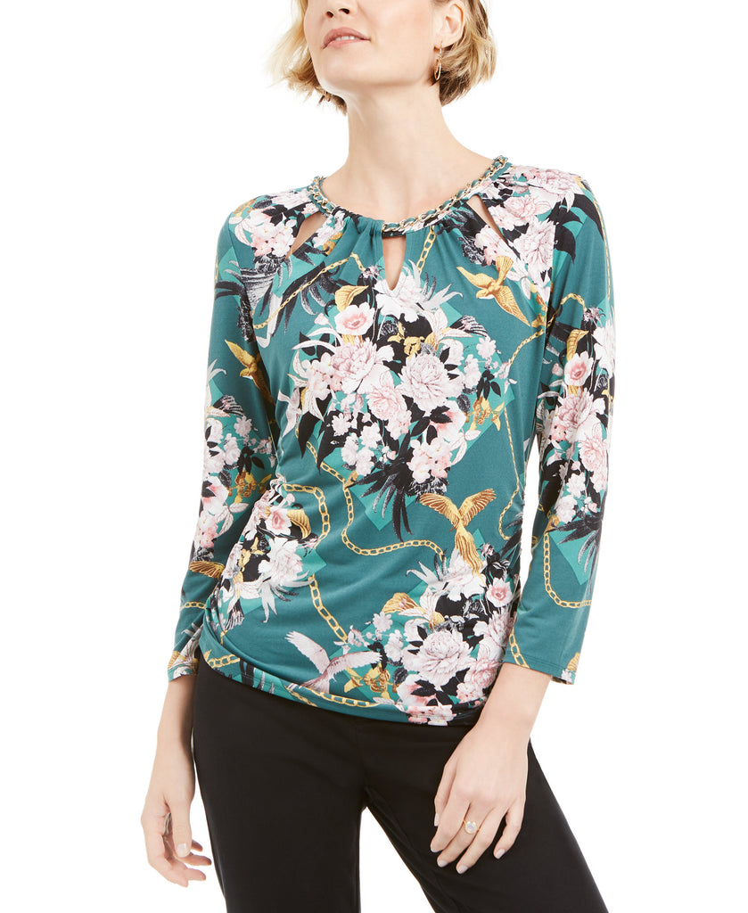 JM Collection Women Petite Printed Chain Neck Top Green Floral Noir