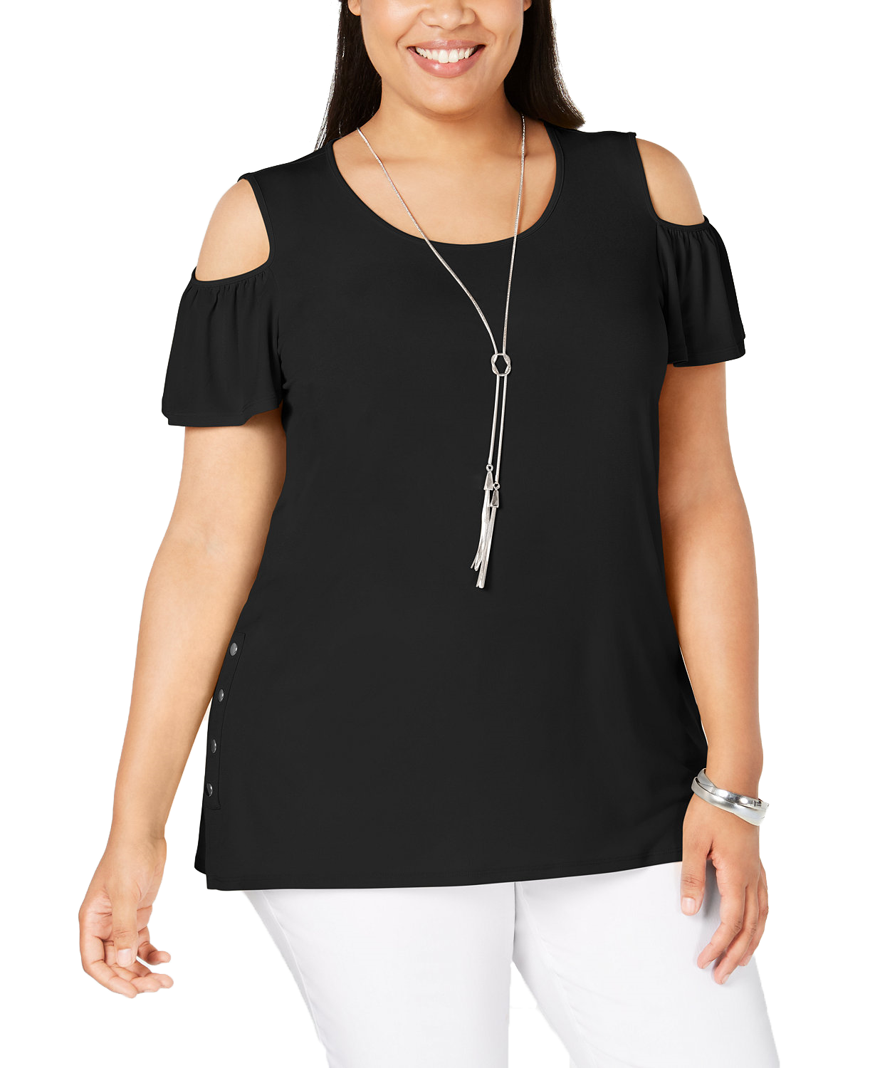 JM Collection Plus Flutter Sleeve Cold Shoulder Necklace Top Deep Black