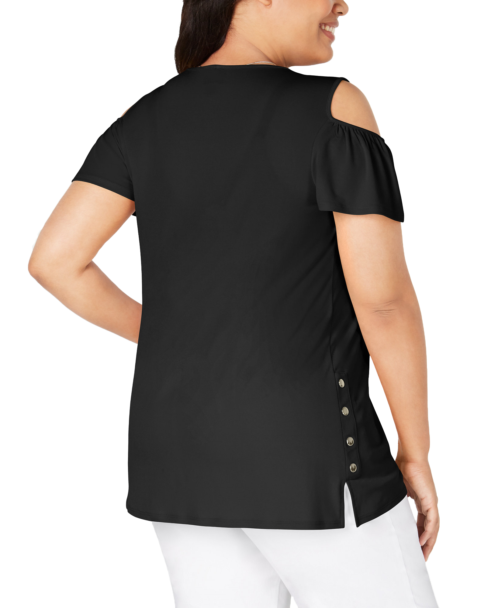 JM Collection Plus Flutter Sleeve Cold Shoulder Necklace Top