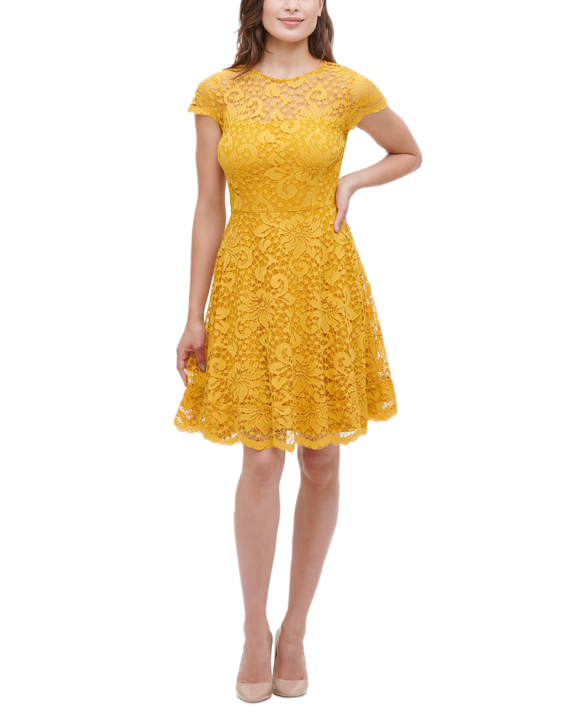 kensie Women Floral Lace Fit & Flare Dress Golden