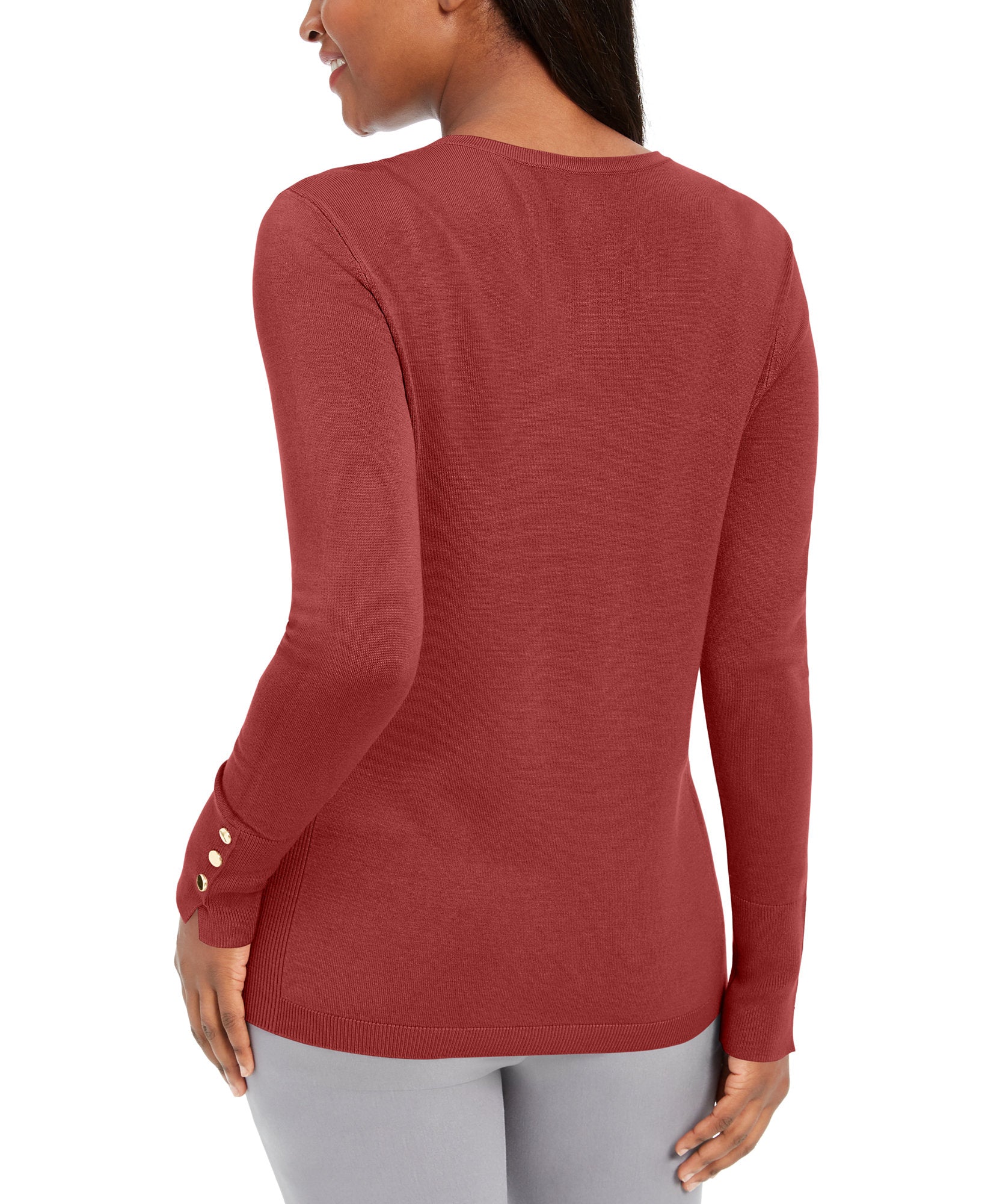 JM Collection Women Button Cuff Crewneck Sweater