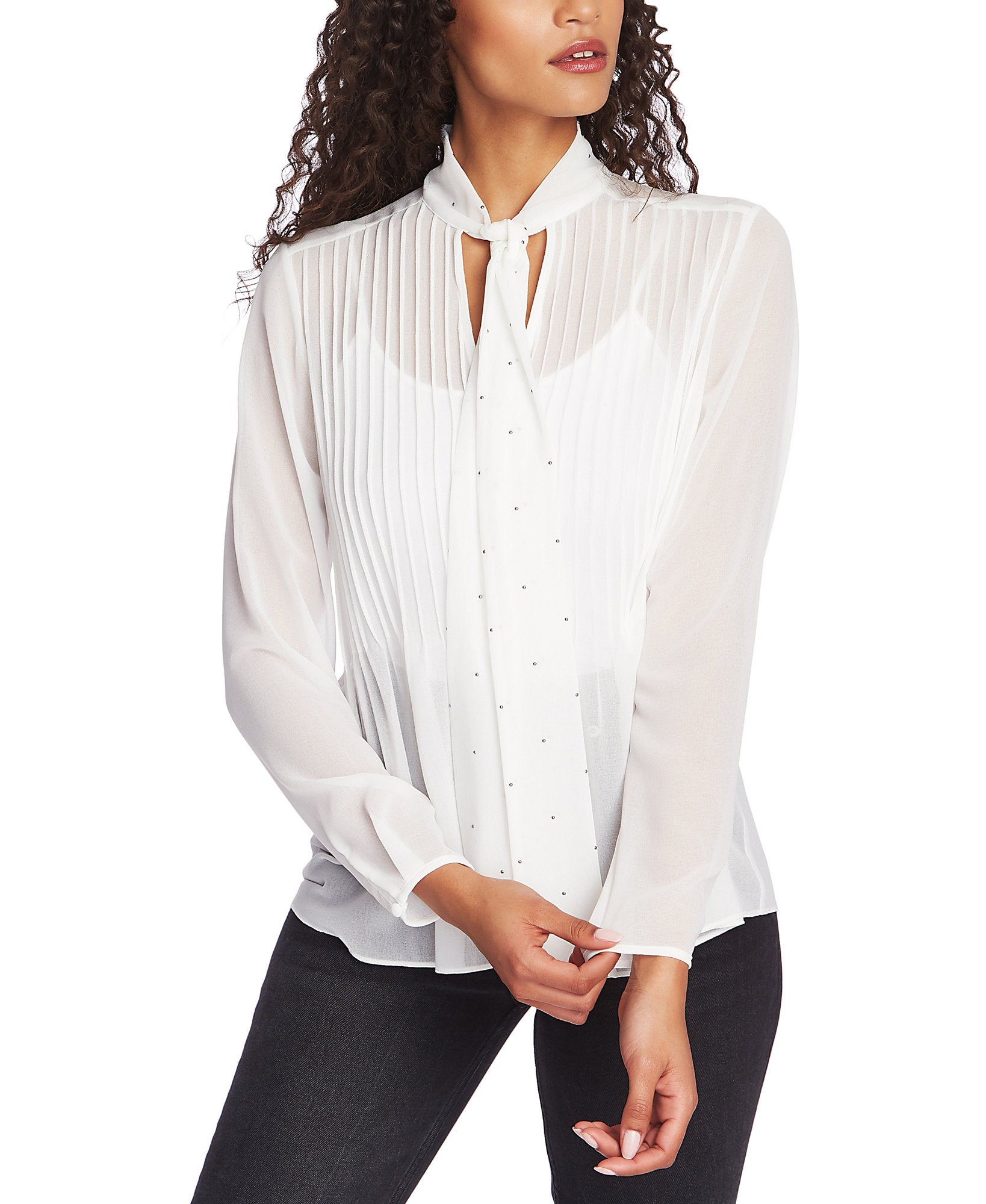 1.STATE Women Tie Neck Pintuck Blouse Soft Ecru