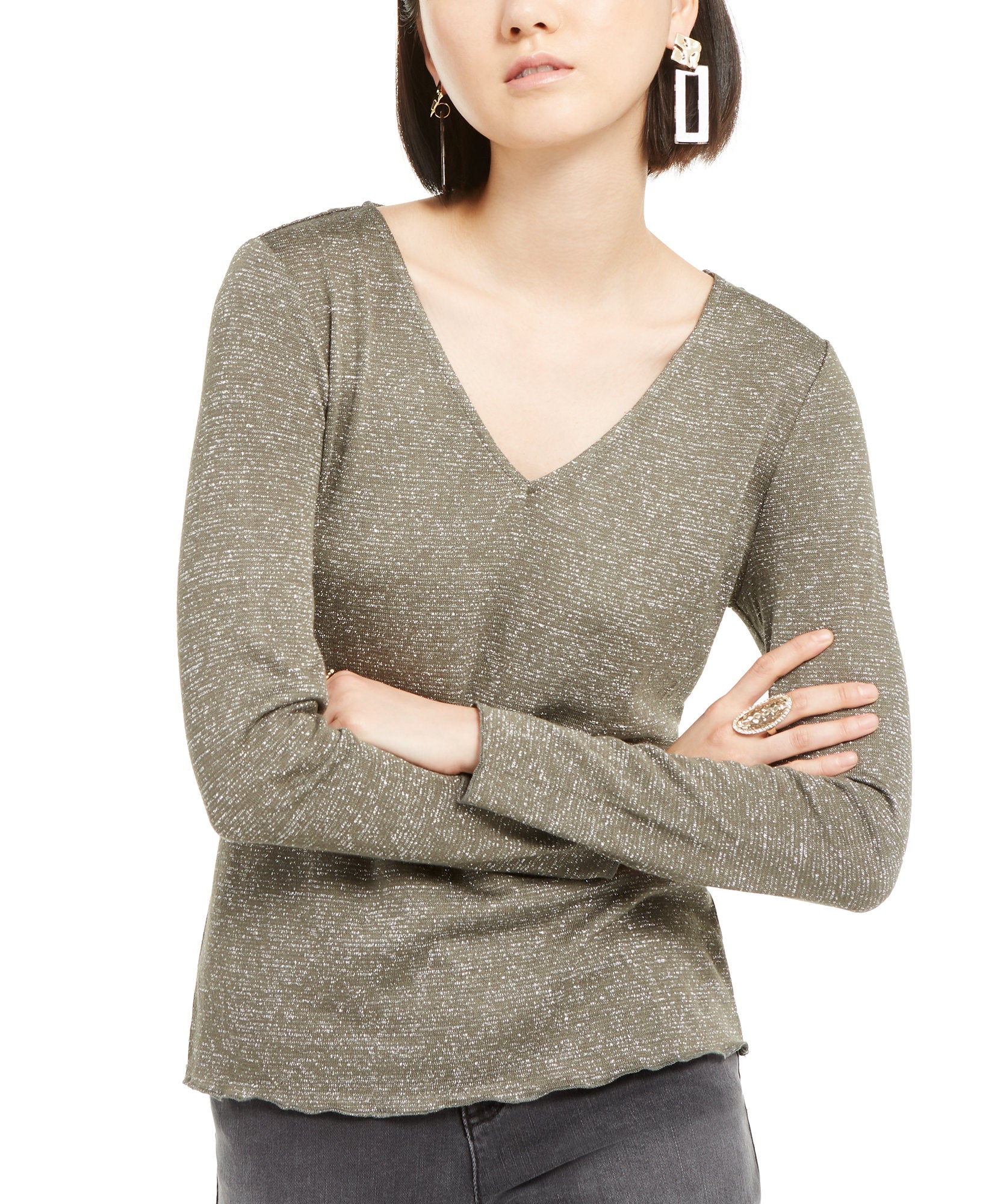 INC International Concepts Women Shiny Knit Top Olive Drab