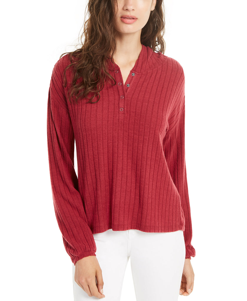 Ultra Flirt Cozy Ribbed Henley Hoodie Rhododendron