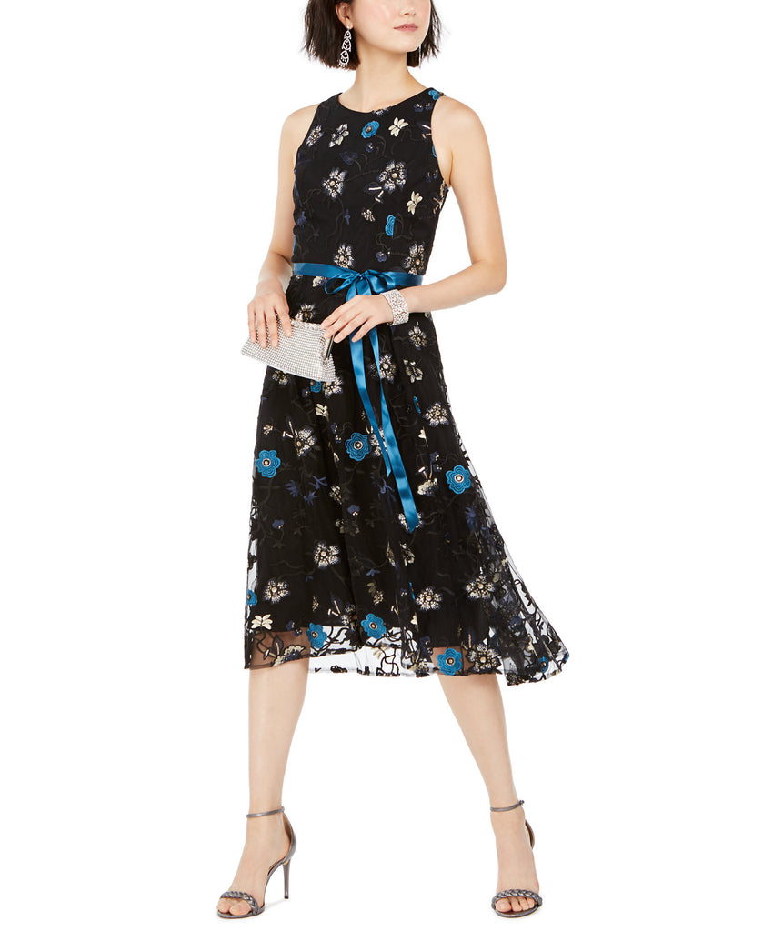 Tahari ASL Women Sequined & Embroidered Floral Midi Dress Black Teal