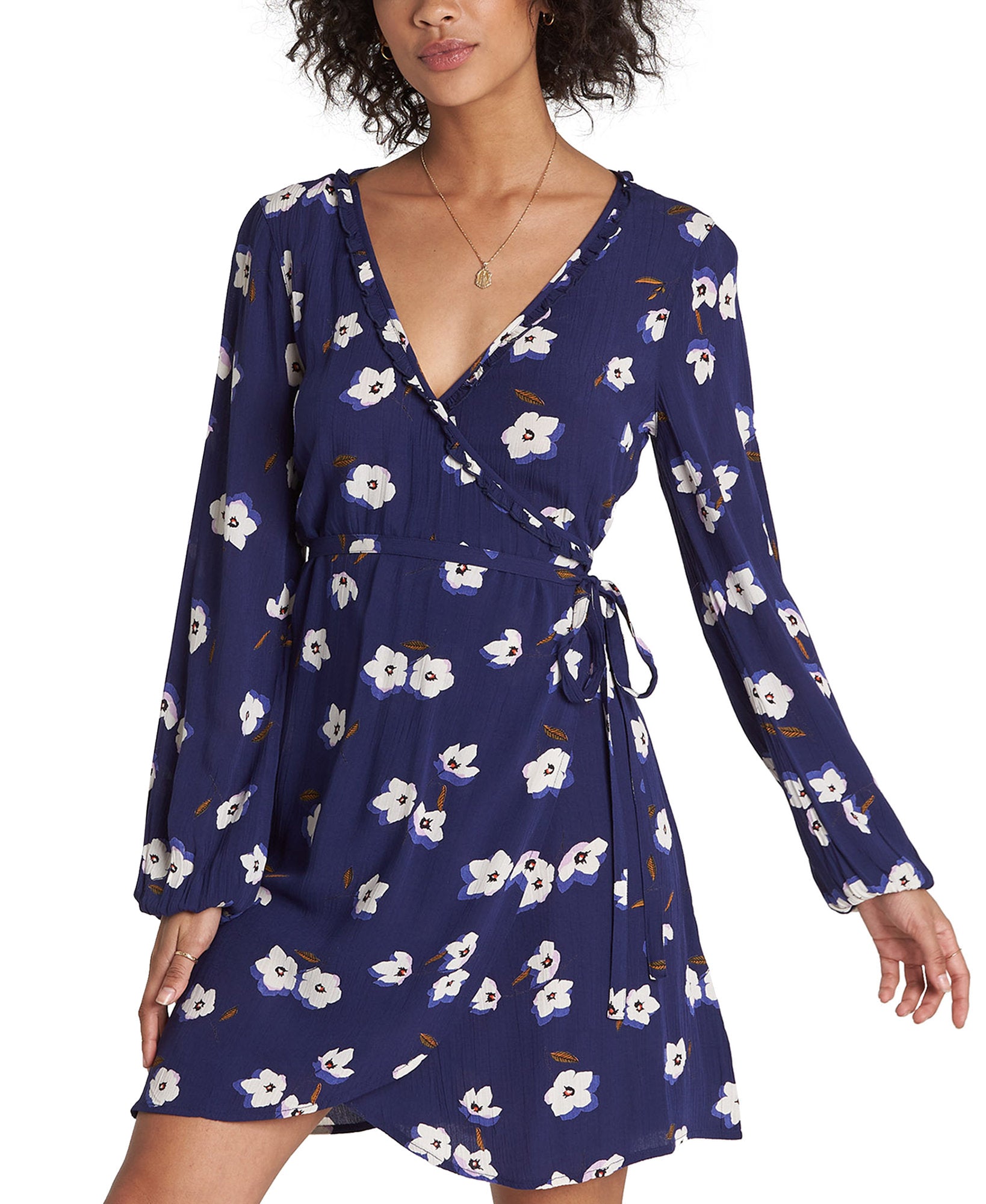 Billabong Women Floral Print Ruffled Wrap Dress Blue