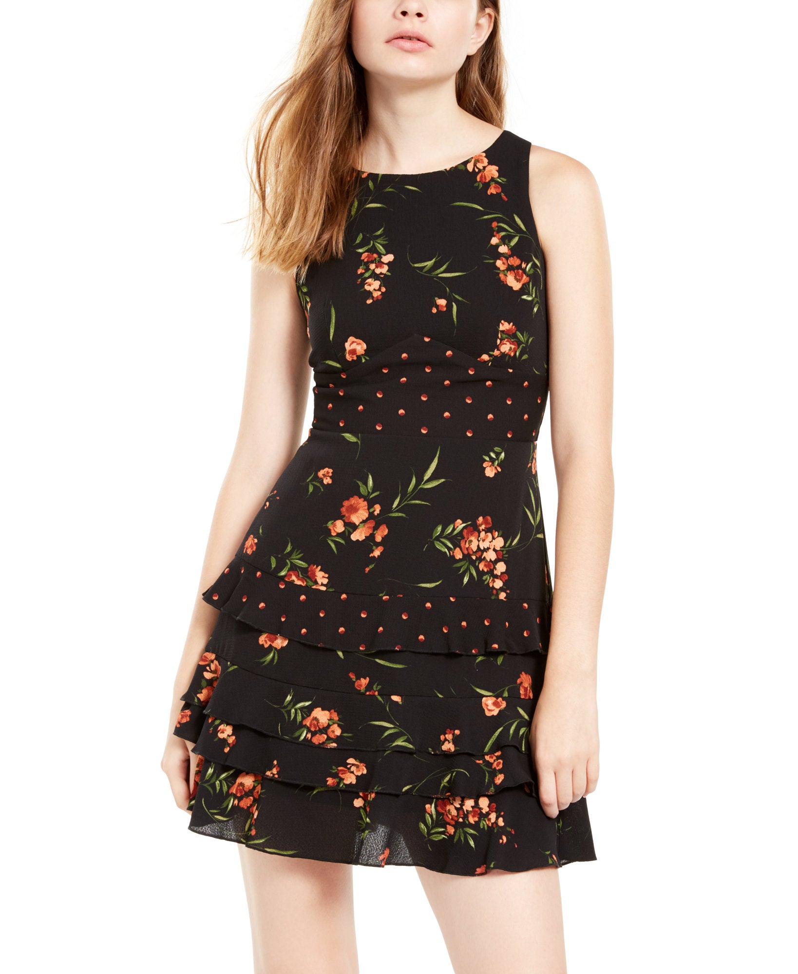 Teeze Me Women Mixed Print Ruffled Dress Black Orange