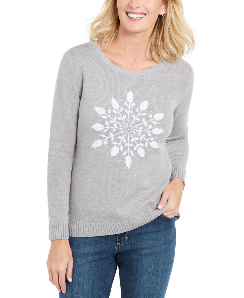 Karen Scott Women Snowflake Appliqué Sweater Smoke Grey Combo