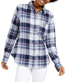 Polly & Esther Women Plaid Utility Shirt Blue