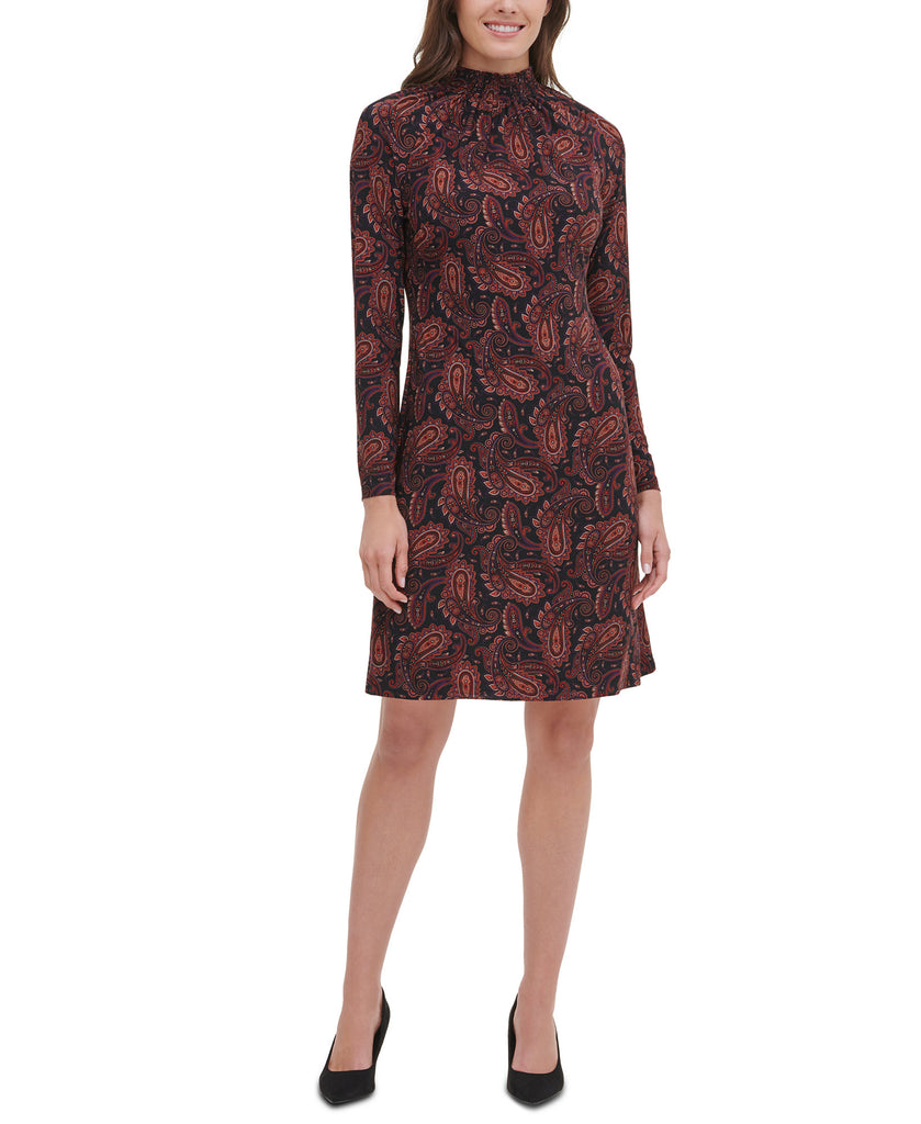 Tommy Hilfiger Women Paisley Mock Neck Dress Black Aubergine