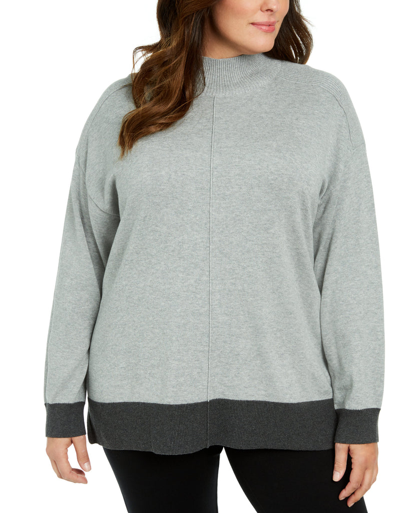 Karen Scott Women Plus Mock Neck Cotton Sweater Smoke Grey Combo