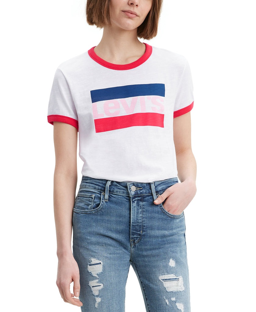 Levis Women Cotton Logo Ringer T Shirt White Brilliant Red