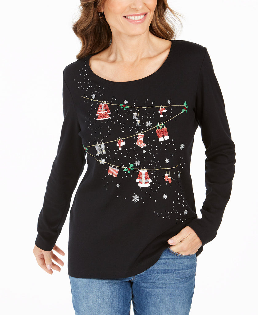 Karen Scott Women Holiday Hang Ups Embellished Cotton Top Deep Black