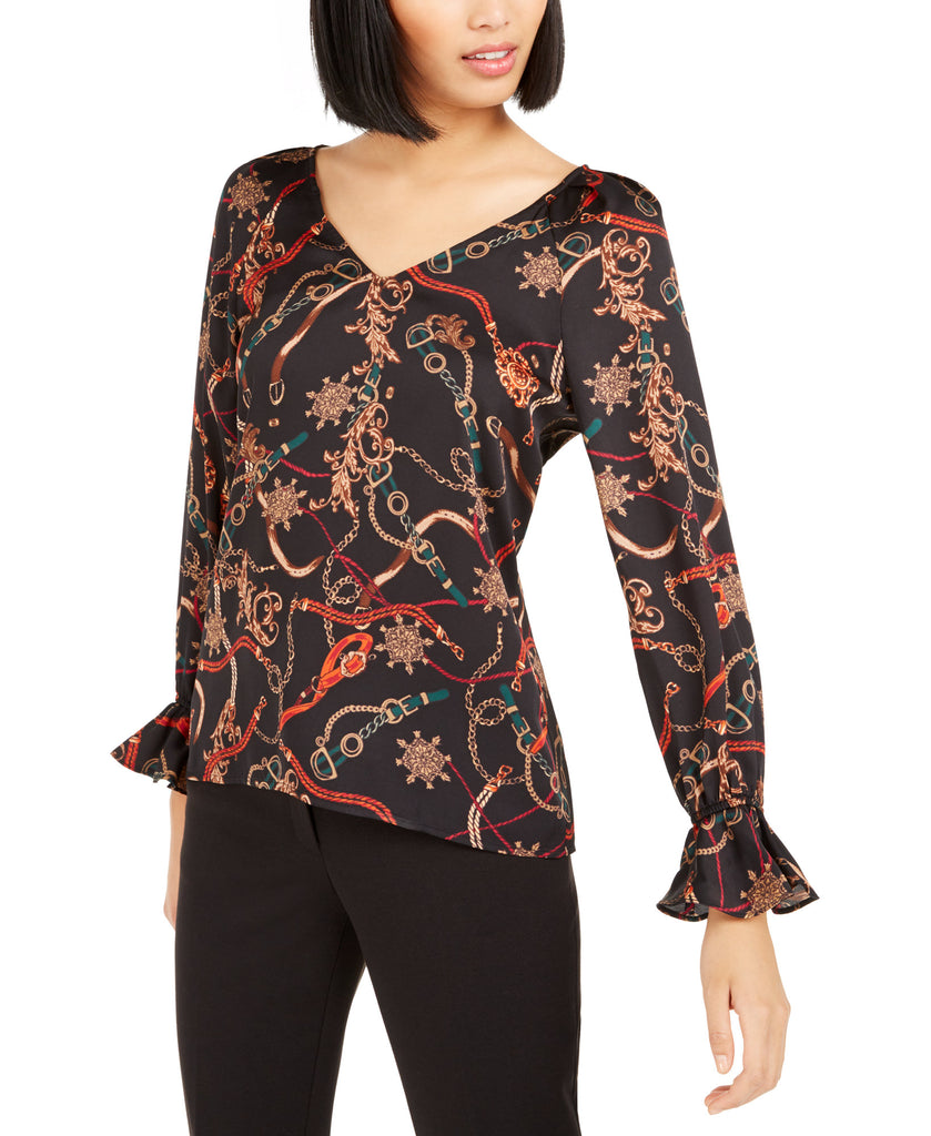 Bar III Women Printed V Neck Top Black Multi