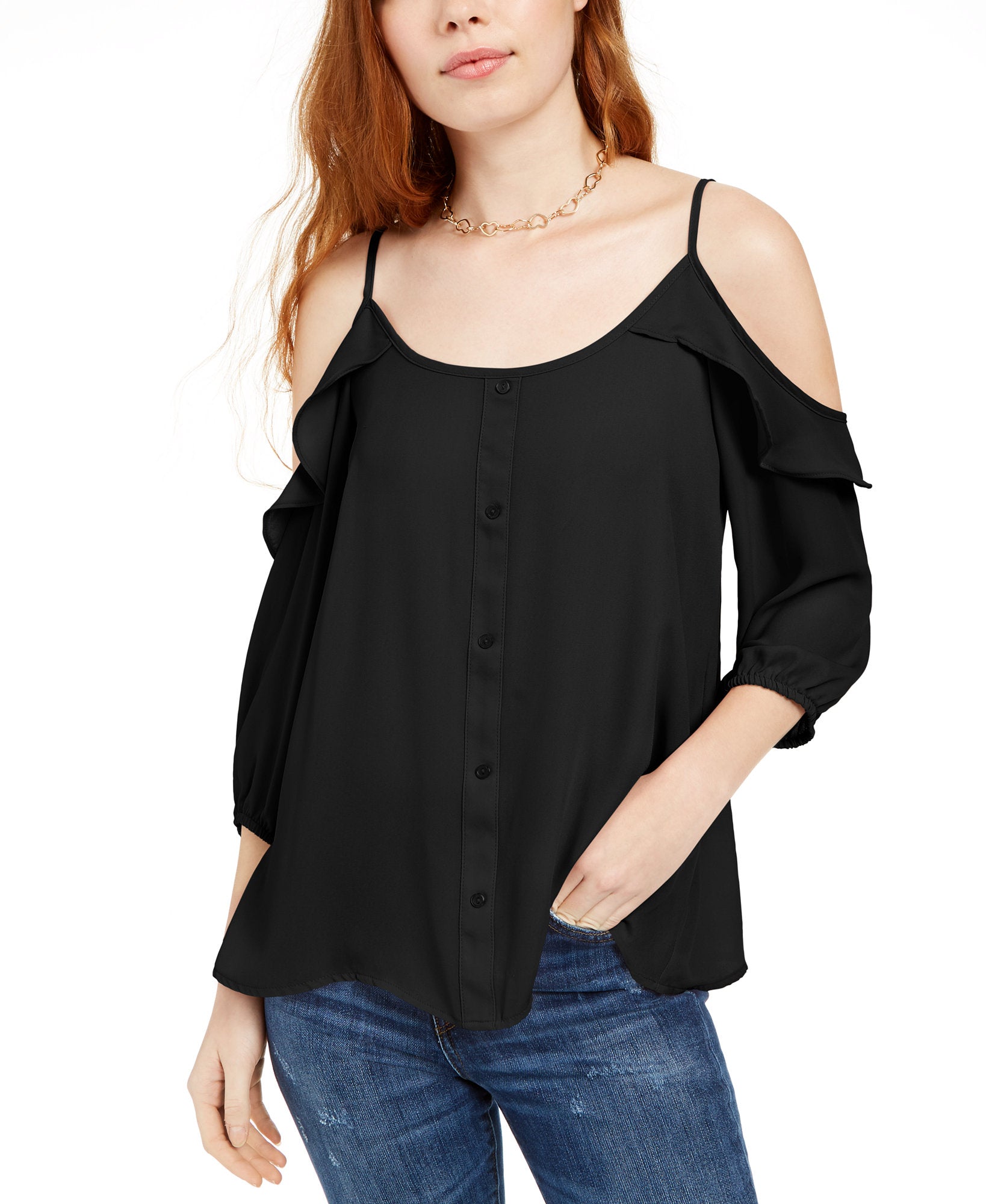 Hippie Rose Juniors Ruffle Trimmed Cold Shoulder Top Black