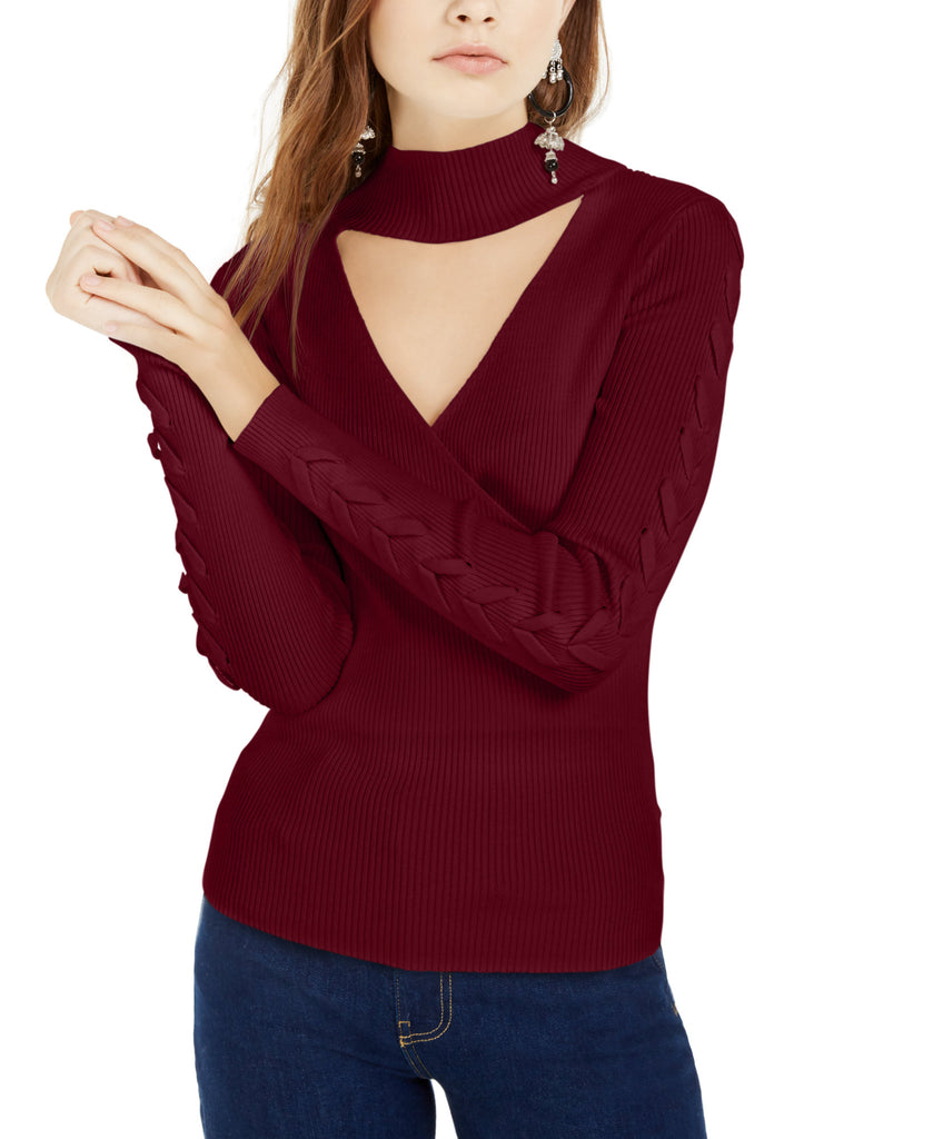 Hippie Rose Women Mock Neck Cutout Sweater Zinfandel