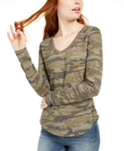 Ultra Flirt Women Long Sleeved Textured Boyfriend T Shirt Olive Camo