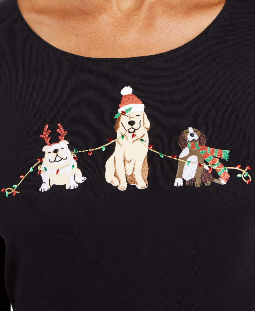 Karen Scott Women Embroidered Holiday Dog Shirt