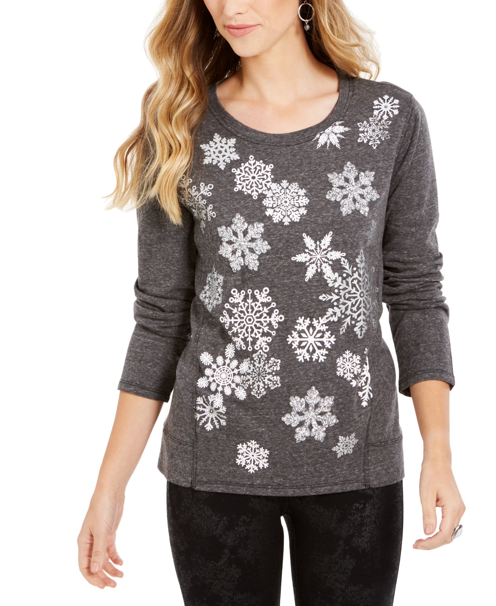 Style & Co Women Snowflake Embellished Sweatshirt Falling Snowflakes