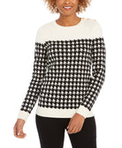 Charter Club Women Petite Houndstooth Button Shoulder Sweater Deep Black Combo