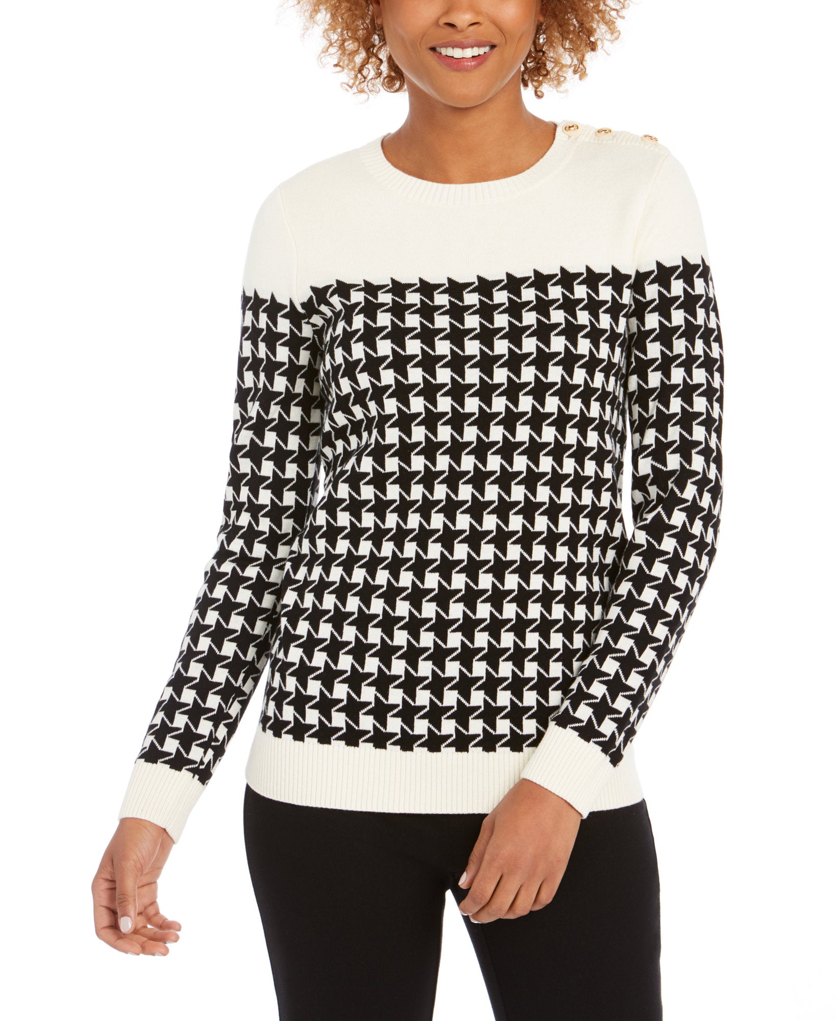 Charter Club Women Petite Houndstooth Button Shoulder Sweater Deep Black Combo