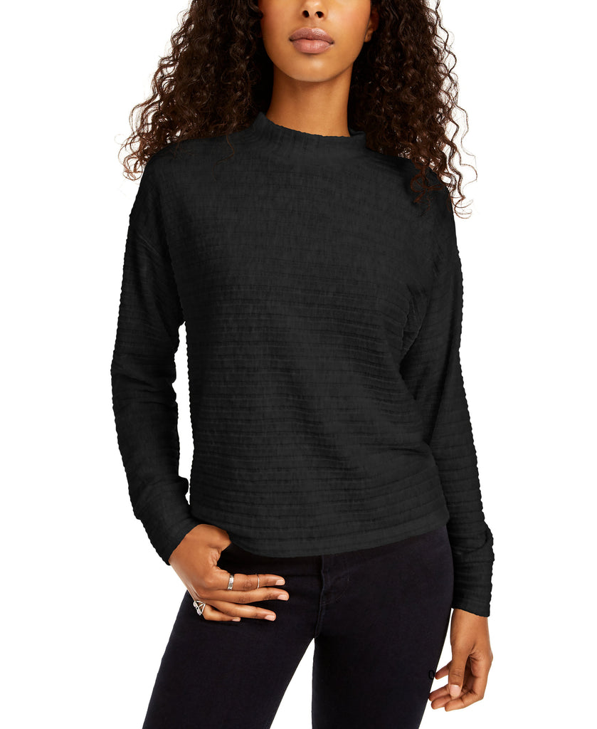 Hippie Rose Women Cozy Mock Neck Ribbed Top Black 